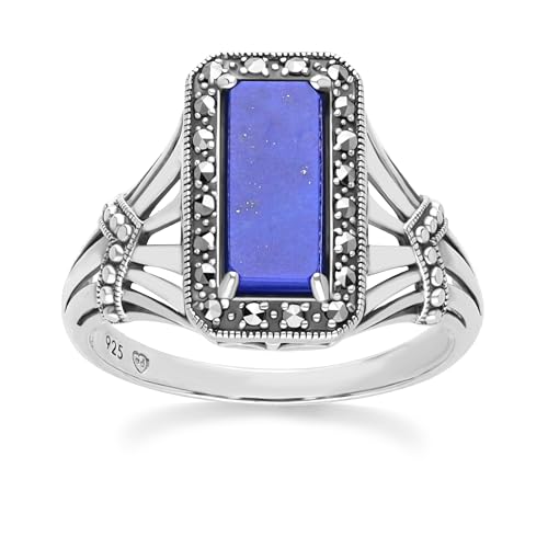 Achteckiger Lapislazuli- und Markasitring im Art-Deco-Stil aus Sterlingsilber Größe: 55 von Gemondo