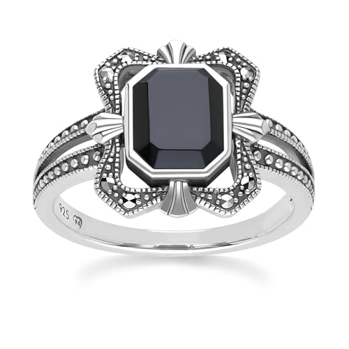 Art-Deco-Ring aus Baguette-Onyx und Markasit in Sterlingsilber Größe: 55 von Gemondo