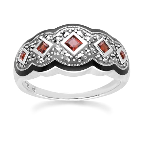 Art-Deco-Ring mit quadratischem Granat und fünf Steinen sowie Markasit in Sterlingsilber Größe: 53 von Gemondo