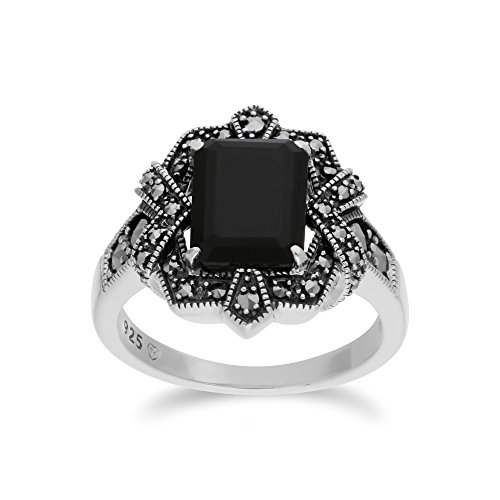 Art-Deco-Ring mit schwarzem Onyx und Markasit im Baguette-Stil, 925er Sterlingsilber Größe: 57 von Gemondo