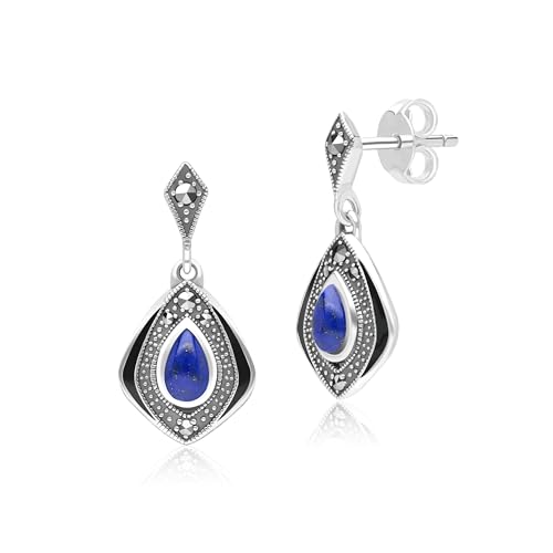 Art Deco Stil Drachen Lapislazuli und Markasit Tropfen Ohrringe in Sterling Silber von Gemondo