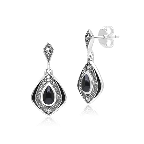 Art Deco Stil Drachen Onyx und Markasit Tropfen Ohrringe in Sterling Silber von Gemondo