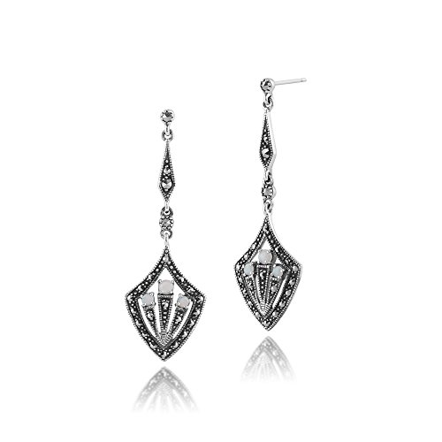 Art-Deco-Stil Runde Opal Cabochon & Markasit Tropfen Ohrringe in 925 Sterling Silber von Gemondo
