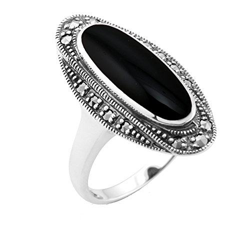 Art-Deco-Stil Schwarzer Onyx Cabochon & Markasit Ring in 925 Sterling Silber Größe: 65 von Gemondo