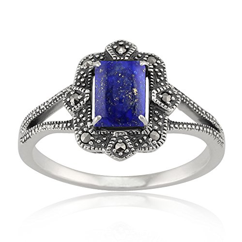 Baguette-Ring aus Lapislazuli und Markasit im Art-Deco-Stil aus 925er Sterlingsilber Größe: 62 von Gemondo