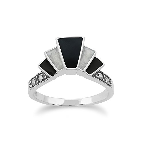 Fächerring im Art-Deco-Stil mit Markasit und schwarz-weißem Emaille-Farbverlauf aus 925er Sterlingsilber Größe: 52 von Gemondo