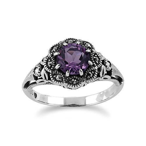 Gemondo Runder Blumenring im Jugendstil mit Amethyst und Markasit aus 925er Sterlingsilber Größe: 49 von Gemondo