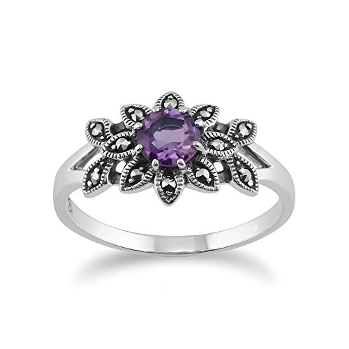 Gemondo Runder Blumenring im Jugendstil mit Amethyst und Markasit aus 925er Sterlingsilber Größe: 49 von Gemondo