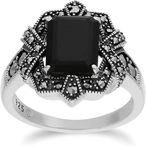 Gemondo Schwarzer Onyx Ring, Sterling Silber Schwarz Onyx & Markasit Oktagon Art Déco Ring - schwarzer Onyx von Gemondo