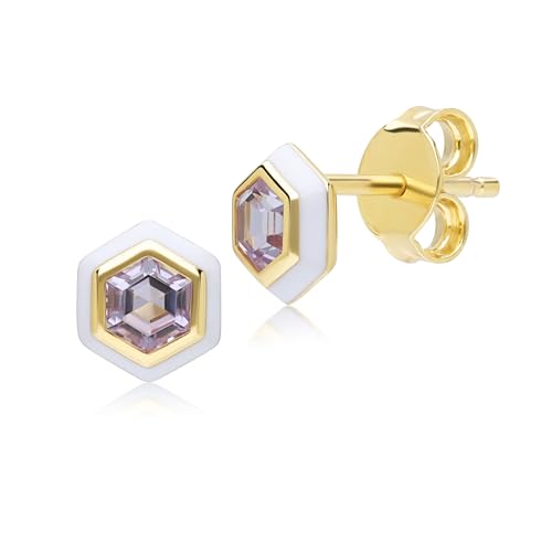 Geometrische Sechskant-Ohrstecker mit rosa Amethyst und weißer Emaille, vergoldetes Sterlingsilber, Edelstein, rosa Amethyst, Edelstein, Rosa Amethyst von Gemondo