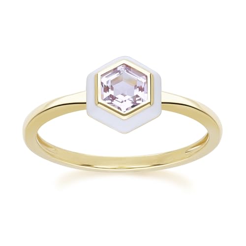 Geometrischer Sechskant-Ring aus vergoldetem Sterlingsilber mit rosa Amethyst und weißer Emaille, Edelstein, Rosa Amethyst von Gemondo