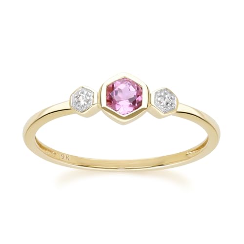 Geometrischer runder Ring mit rosa Turmalin und Saphir in 9 Karat Gelbgold Größe: 54 von Gemondo