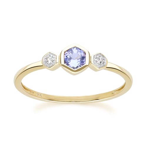 Geometrischer runder Tansanit- und Saphirring in 9 Karat Gelbgold Größe: 57 von Gemondo