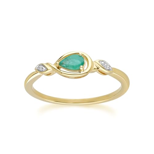 Klassischer Ring mit tropfenförmigem Smaragd und Diamant aus 9 Karat Gelbgold Größe: 54 von Gemondo