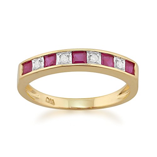 Klassischer quadratischer Halb-Eternity-Ring mit Rubin und Diamant in 9 Karat Gelbgold Größe: 49 von Gemondo
