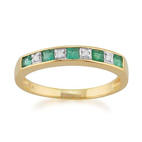 Klassischer quadratischer Halb-Eternity-Ring mit Smaragd und Diamant in 9 Karat Gelbgold Größe: 50 von Gemondo