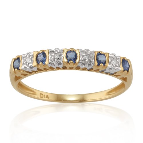 Klassischer runder Halb-Eternity-Ring mit blauem Saphir und Diamant, Gelbgold 9 Karat Größe: 59 von Gemondo