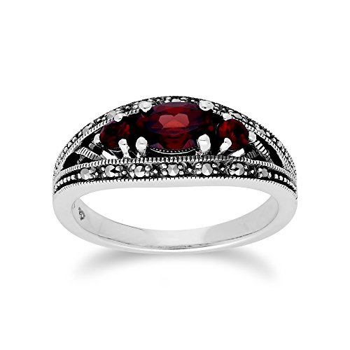 Ovaler Granat- und Markasit-Ring im Art-Deco-Stil mit drei Steinen aus 925er Sterlingsilber Größe: 50 von Gemondo