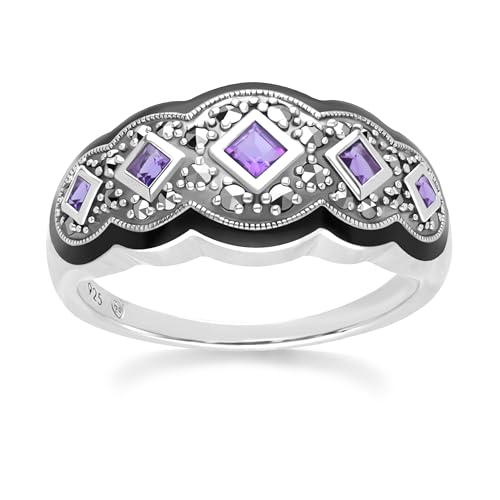 Quadratischer Amethyst-Ring im Art-Deco-Stil mit fünf Steinen und Markasit in Sterlingsilber Größe: 50 von Gemondo