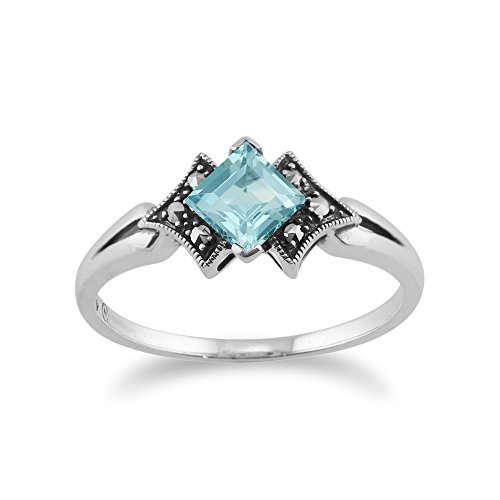 Quadratischer Ring mit blauem Topas und Markasit im Art-Deco-Stil aus 925er Sterlingsilber Größe: 47 von Gemondo