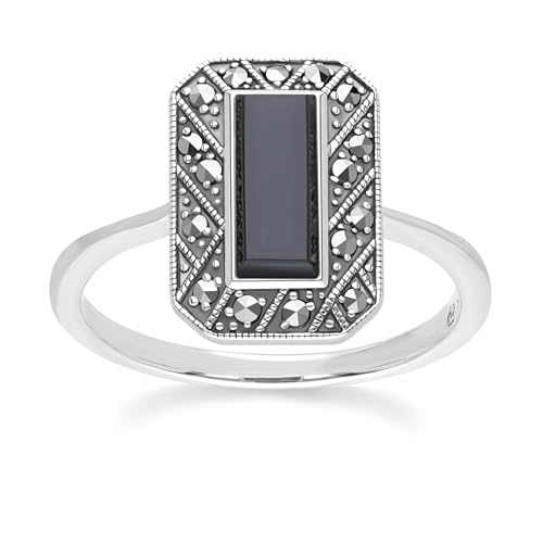 Rechteckiger Onyx- und Markasitring im Art-Deco-Stil aus Sterlingsilber Größe: 55 von Gemondo