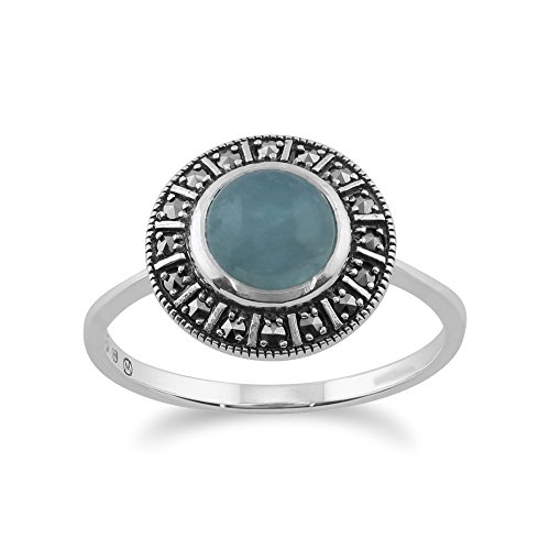 Runder Ring im Art-Deco-Stil mit milchigem Aquamarin-Cabochon und Markasit-Halo, 925er Sterlingsilber Größe: 63 von Gemondo
