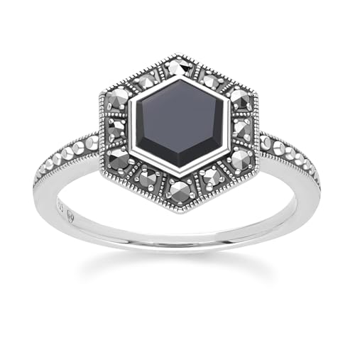 Sechseckiger Onyx- und Markasitring im Art-Deco-Stil aus Sterlingsilber Größe: 53 von Gemondo