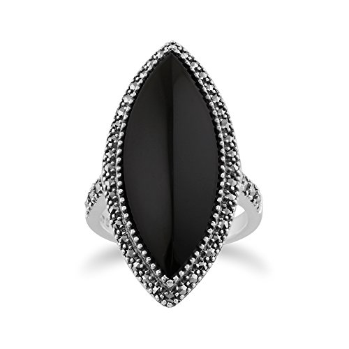 Statement-Ring im Art-Deco-Stil mit schwarzem Onyx und Markasit im Marquise-Stil, 925er Sterlingsilber Größe: 54 von Gemondo