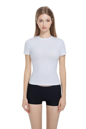 Damen-T-Shirt, enganliegend, Rundhalsausschnitt, dehnbare Baumwolle, Y2K, kurzärmelig, für Workout, Basic-T-Shirts, Ausgeh-Tops, Weiss/opulenter Garten, Klein Damen-T-Shirt, enganliegend, Rundhalsausschnitt, dehnbare Baumwolle, Y2K, kurzärmelig, für Workout, Basic-T-Shirts, Ausgeh-Tops, Weiss/opulenter Garten, Klein von Gemonklee