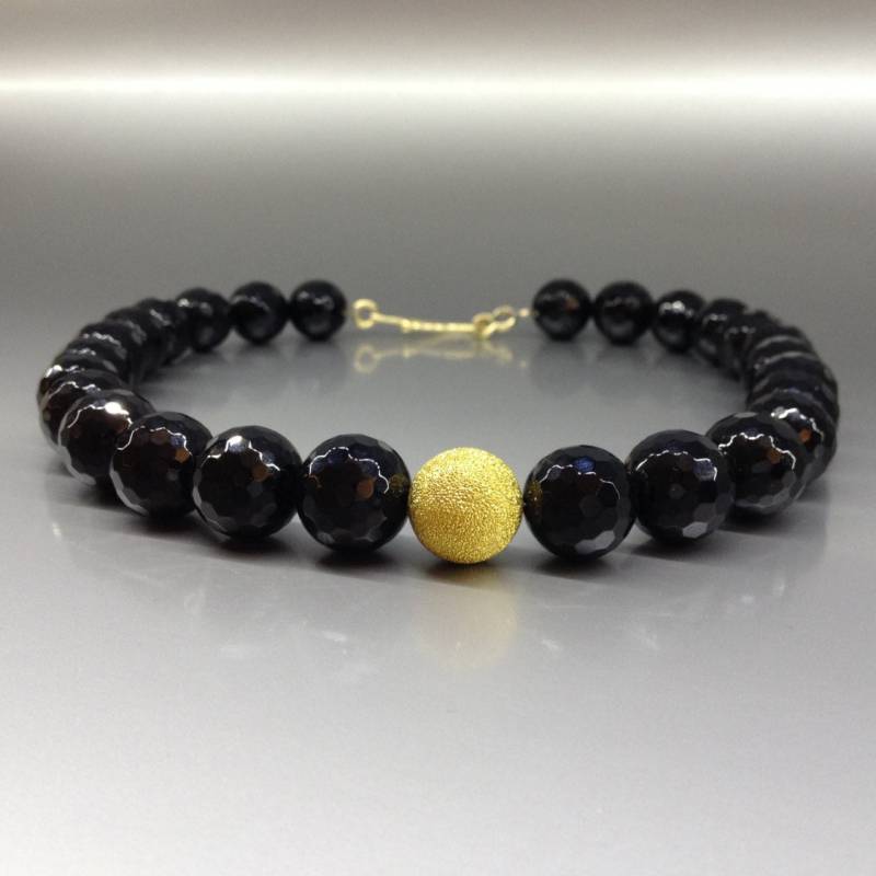 Onyx Statement-Halskette - Schwarzer Facettierter Edelstein Und Goldperlenschmuck, Naturstein, Einzigartiges Geschenk Für Sie, Halskette Zum von GemoryDesign