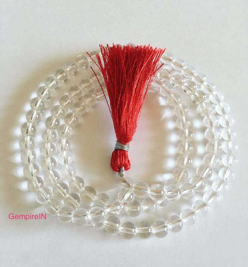 Kristall Mala Kette 6 Mm 108 Perlen, Kristallhalskette Quaste, Bergkristall Quarz Japa Mala, Kronenchakra Heilmediation von GempireIN