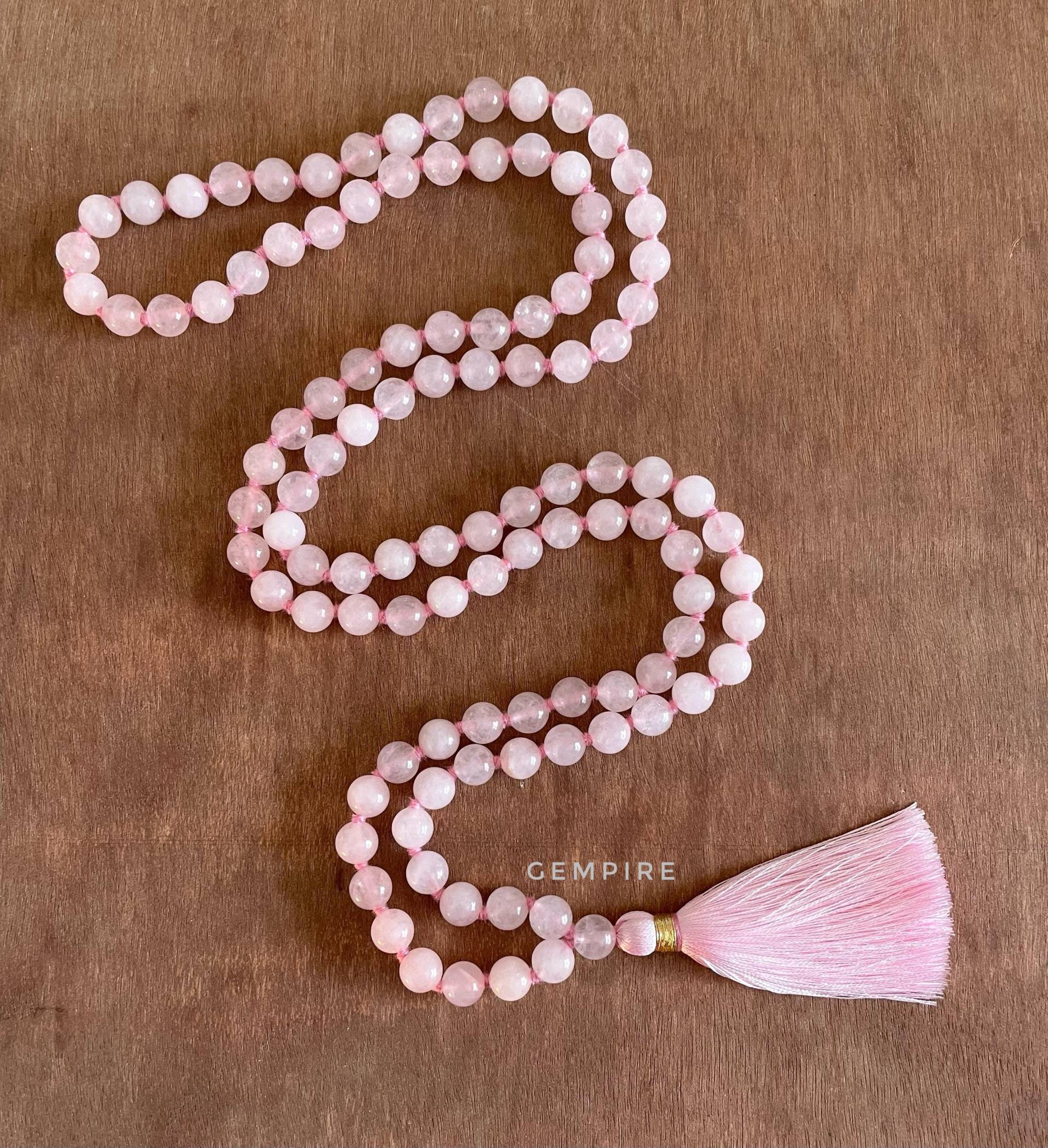 Rosenquarz Mala Halskette 8-9 Mm, 108+1 Meditation 108 Japa Perlen, Rosa Edelstein-Halskette Herz Chakra von GempireIN