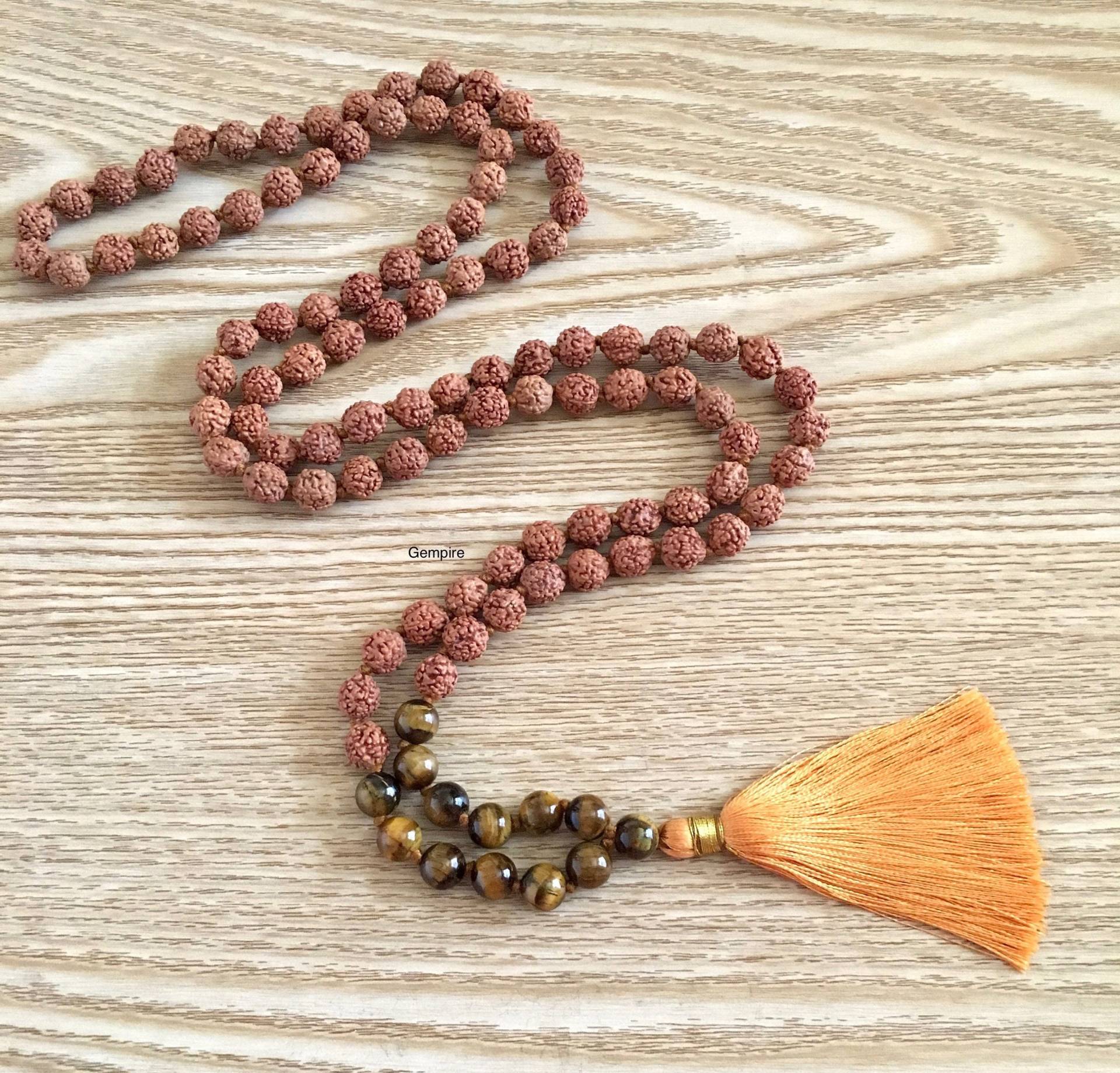 Rudraksha - Tigerauge Mala Halskette 8 Mm 108 Japa Geknotete Perlen, Herren Halskette, Yoga Schmuck, Edelstein Rudraksha - Tigerauge Mala Halskette 8 Mm 108 Japa Geknotete Perlen, Herren Halskette, Yoga Schmuck, Edelstein von GempireIN