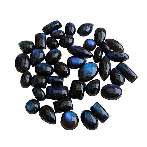 Gems For Jewels 7–15 mm seltene schwarze Labradorit-Cabochons für Damen, natürliche Pfauen-Labradorit-Cabochons mit flacher Rückseite, blaue Feuer-Edelsteine (5 bis 10 Stück Optionen) (10 Stück) von Gems For Jewels