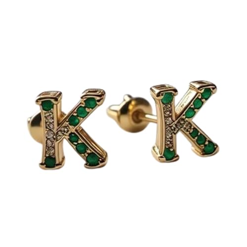 Alphabet K Stud Earrings in 14k Gold Plated Sterling Silver With 2mm Emerald Round Shape Handmade Stylish Letter Push Back Stud Earring Set for Women |AL_STUD_455 von Gems_Hub