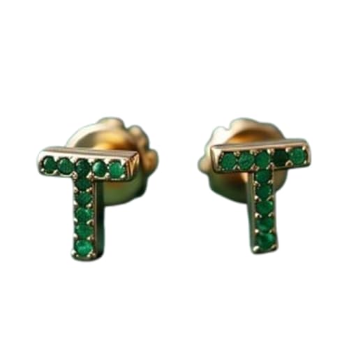 Alphabet T Stud Earrings in 14k Gold Plated Sterling Silver With 2mm Emerald Round Shape Handmade Stylish Letter Push Back Stud Earring Set for Women |AL_STUD_507 von Gems_Hub