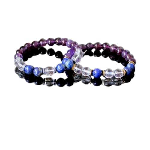Amethyst, Lapislazuli und Bergkristall, 8 mm, runde, glatte Perlen, Liebes- und Freundschafts-Kombi-Armband-Set für Fernbeziehungen – Paarbeziehung, 7,5 Zoll, dehnbares Armband-Set | FIZA_CPL_017_7.5 von Gems_Hub