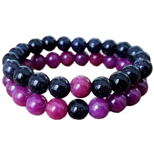 Blauer Goldfluss und Charoit, 8 mm, runde, glatte Perlen, Liebes- und Freundschafts-Kombi-Armband-Set für Paare, 15,2 cm, dehnbare Armbänder für die Beziehung zwischen Paaren | FIZA_CPL_098_6 von Gems_Hub