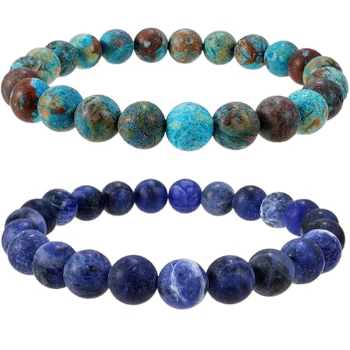 Blauer Spitzenachat und Sodalith, 8 mm, runde, glatte Perlen, Liebes- und Freundschafts-Kombiarmband-Set für Fernbeziehungen – Paarbeziehung, 6,5 Zoll, dehnbares Armband-Set | FIZA_CPL_100_6.5 von Gems_Hub