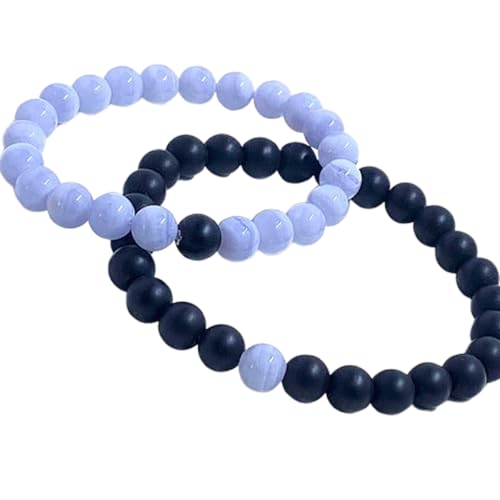 Blauer Spitzenachat und schwarzer Achat, 8 mm, runde, glatte Perlen, Liebes- und Freundschafts-Kombiarmband-Set für Fernbeziehungen – Paarbeziehung, 7,5 Zoll, dehnbares Armband-Set | FIZA_CPL_099_7.5 Blauer Spitzenachat und schwarzer Achat, 8 mm, runde, glatte Perlen, Liebes- und Freundschafts-Kombiarmband-Set für Fernbeziehungen – Paarbeziehung, 7,5 Zoll, dehnbares Armband-Set | FIZA_CPL_099_7.5 von Gems_Hub