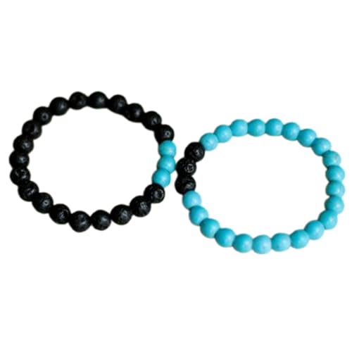 Blaues Türkis und vulkanische Lava, 8 mm, runde, glatte Perlen, Liebes- und Freundschafts-Kombi-Armband-Set für Fernbeziehungen – Paarbeziehung, 6,5 Zoll, dehnbares Armband-Set | FIZA_CPL_103_6.5 von Gems_Hub