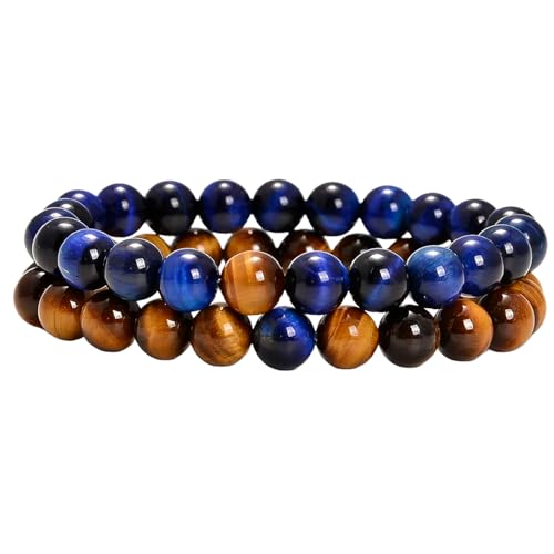 Gelbes Tigerauge und blaues Tigerauge, 8 mm, runde, glatte Perlen, Liebes- und Freundschafts-Kombi-Armband-Set für Paare, 15,2 cm, dehnbare Armbänder für die Beziehung zwischen Paaren | FIZA_CPL_319_6 von Gems_Hub