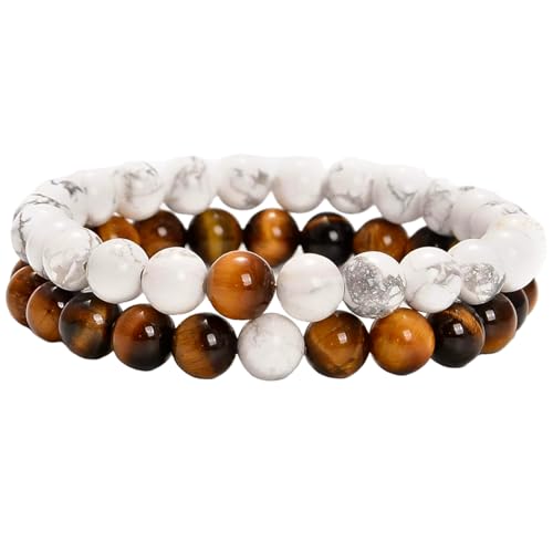 Gelbes Tigerauge und weißes Türkis, 8 mm, runde, glatte Perlen, Liebes- und Freundschafts-Kombi-Armband-Set für Fernbeziehungen – Paarbeziehung, 6,5 Zoll, dehnbares Armband-Set | FIZA_CPL_322_6.5 von Gems_Hub