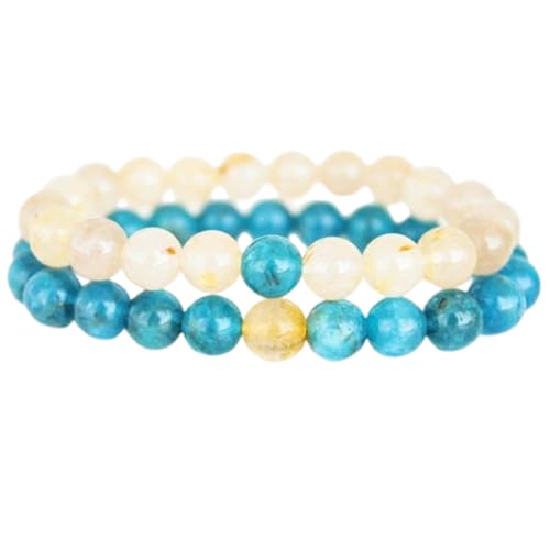 Gems_Hub Apatit und goldener Rutilquarz, 8 mm, runde, glatte Perlen, Liebes- und Freundschafts-Kombi-Armband-Set für Fernbeziehungen – Paarbeziehung, 20 cm, dehnbares Armband-Set | FIZA_CPL_019_8 von Gems_Hub