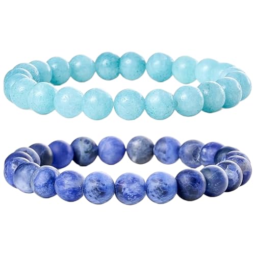 Gems_Hub Aquamarin & Sodalith, 8 mm, runde, glatte Perlen, Liebes- und Freundschafts-Kombi-Armband-Set für Fernbeziehungen – Paarbeziehung, 20 cm, dehnbares Armband-Set | FIZA_CPL_022_8 von Gems_Hub