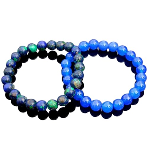 Gems_Hub Azurit und blauer Achat, 8 mm, runde, glatte Perlen, Liebes- und Freundschafts-Kombi-Armband-Set für Paare, Beziehung, 7,5 Zoll, dehnbare Armbänder, Set | FIZA_CPL_023_7.5 von Gems_Hub