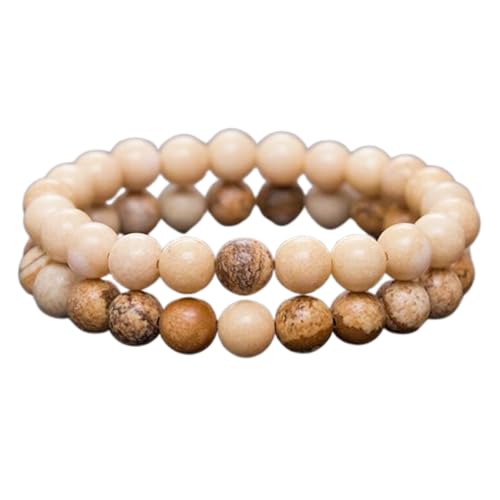 Gems_Hub Bildjaspis und weißer Achat, 8 mm, runde, glatte Perlen, Liebes- und Freundschafts-Kombiarmband-Set für Fernbeziehungen – Paarbeziehung, 7,5 Zoll, dehnbares Armband-Set | FIZA_CPL_242_7.5 von Gems_Hub