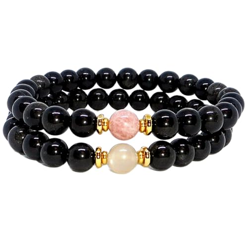 Gems_Hub Dehnbare Armbänder für Paare, 8 mm runde glatte Perlen aus schwarzem Obsidian mit Sonnenstein und Mondstein, für Liebe und Freundschaft aus der Ferne | FIZA_CPL_058, 7 Inch, Stein Stein Gems_Hub Dehnbare Armbänder für Paare, 8 mm runde glatte Perlen aus schwarzem Obsidian mit Sonnenstein und Mondstein, für Liebe und Freundschaft aus der Ferne | FIZA_CPL_058, 7 Inch, Stein Stein von Gems_Hub