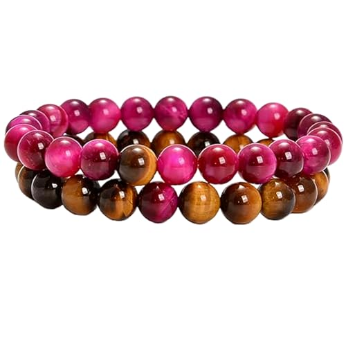 Gems_Hub Gelbes Tigerauge und rosa Tigerauge, 8 mm, runde, glatte Perlen, Liebes- und Freundschafts-Kombi-Armband-Set für Paare, Beziehung, 15 cm, dehnbare Armbänder | FIZA_CPL_321_6 von Gems_Hub