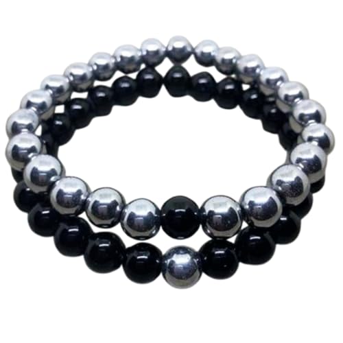 Gems_Hub Hämatit & Schwarzer Onyx, 8 mm, runde, glatte Perlen, Liebes- und Freundschafts-Kombi-Armband-Set für Fernbeziehungen – Paarbeziehung, 6,5 Zoll, dehnbares Armband-Set | FIZA_CPL_132_6.5 von Gems_Hub